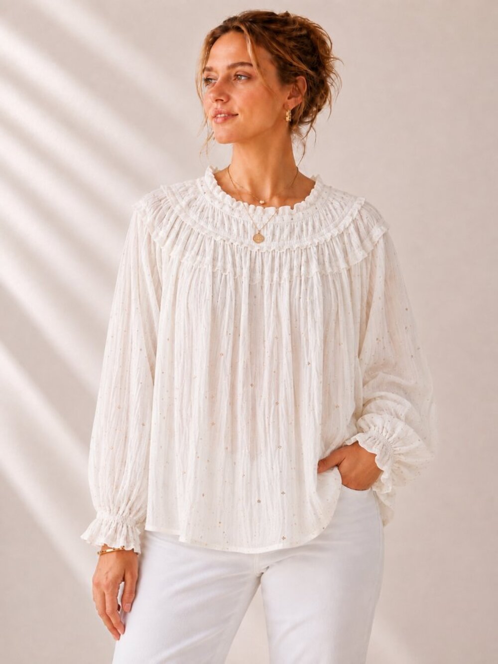 Anthropologie Current Air Gold Metallic Smocked Ruffle Peasant Top M NWT